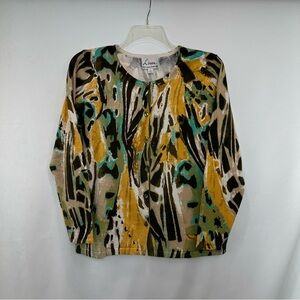 Linea Louis Dell’Olio Abstract Butterfly Cardigan Sweater Olive Print Large